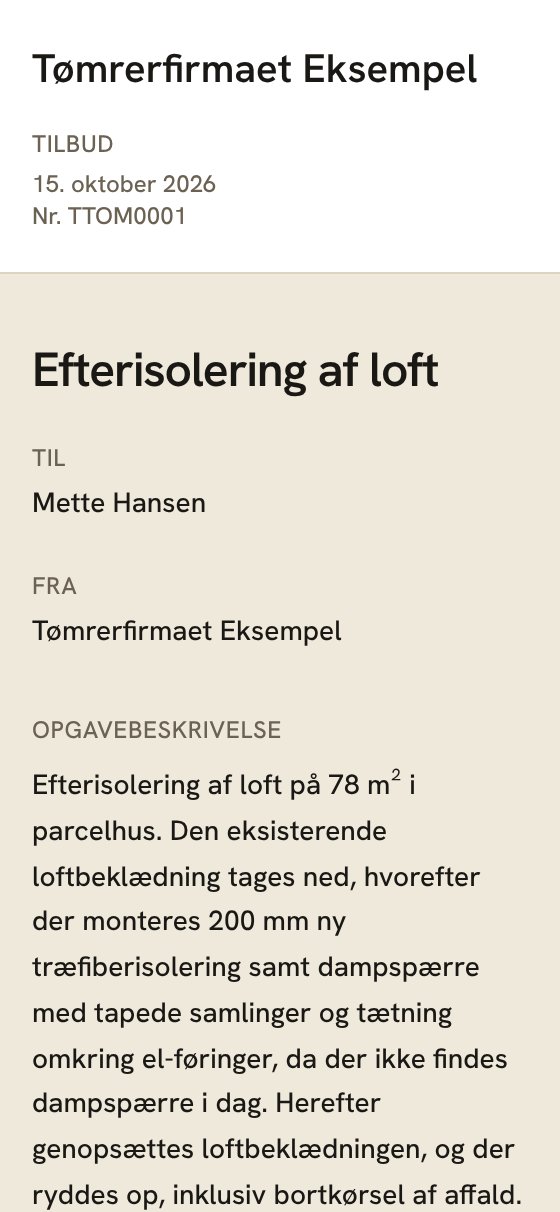 Rigtigt tilbud fra Bygmer på en telefon: efterisolering af loft med opgavebeskrivelse