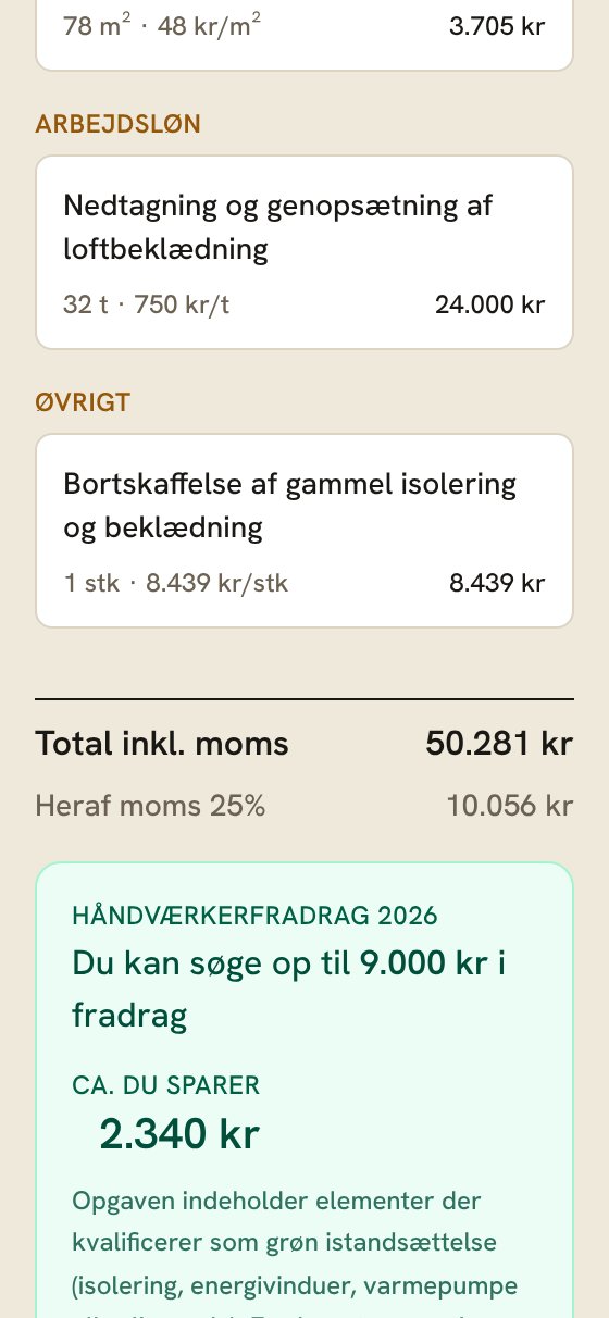 Samme tilbud: linjerne, total inkl. moms og håndværkerfradrag kunden kan søge